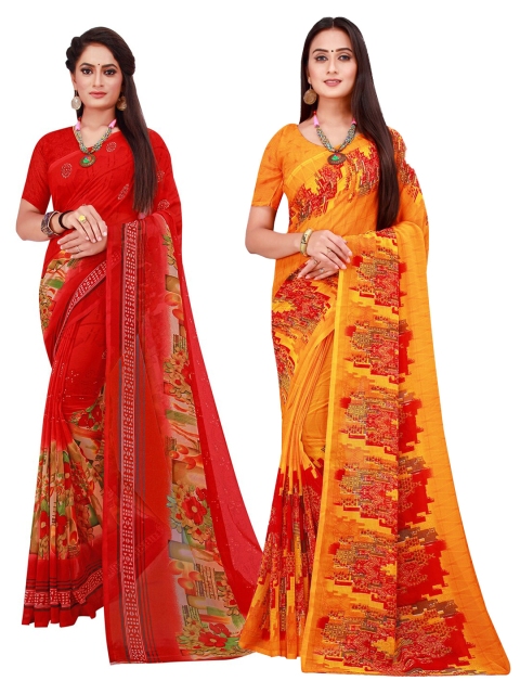 

KALINI Mustard & Red Set of 2 Floral Printed Pure Georgette Saree
