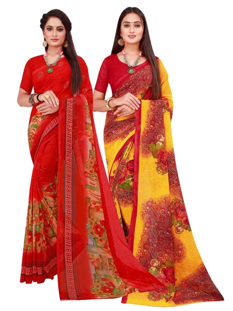 

KALINI Pack of 2 Maroon & Red Floral Pure Georgette Sarees