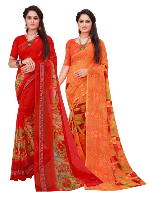 

KALINI Pack Of 2 Orange & Red Pure Georgette Saree