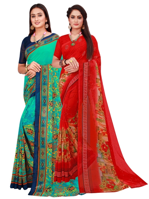 

KALINI Maroon & Sea Green Set of 2 Floral Printed Pure Georgette Saree