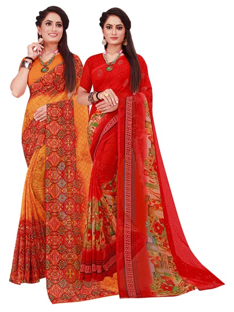 

KALINI Orange & Red Set Of 2 Floral Pure Georgette Saree
