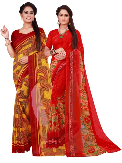 

KALINI Pack of 2 Printed Pure Georgette Sarees, Red