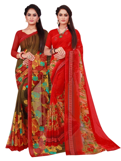 

KALINI Red & Brown Printed Pure Georgette Saree Pack Of 2