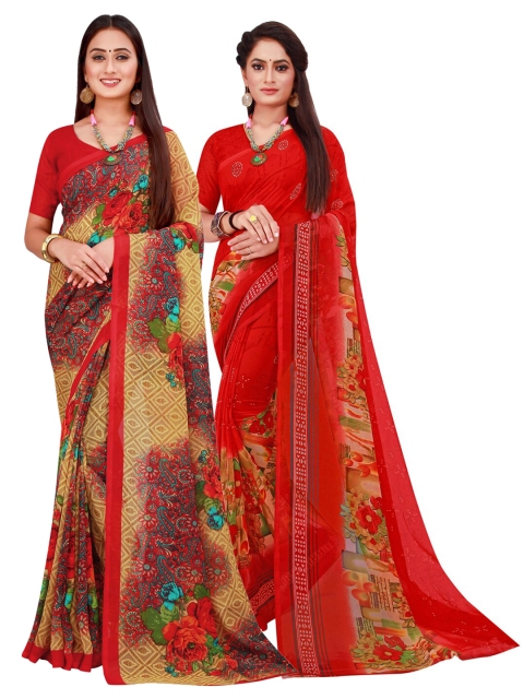 

KALINI Pack Of 2 Orange & Red Pure Georgette Saree