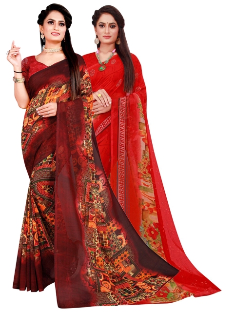 

KALINI Red & Brown Set Of 2 Floral Pure Georgette Saree