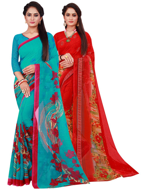 

KALINI Pack of 2 Printed Pure Georgette Sarees, Red