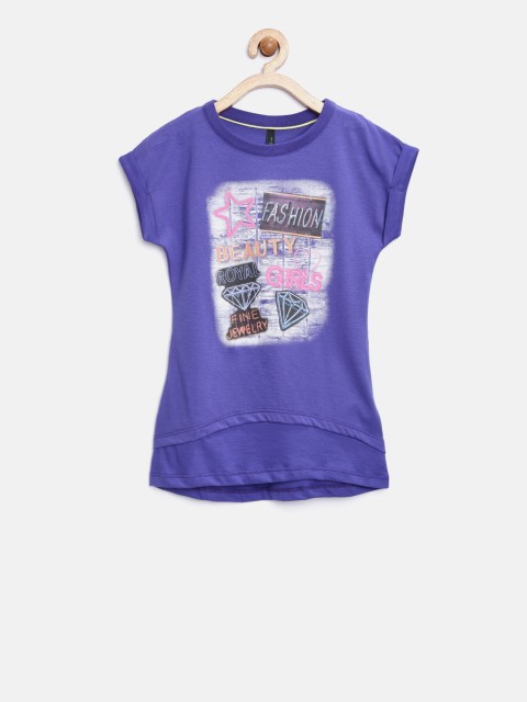 

United Colors of Benetton Girls Blue Printed Round Neck T-shirt