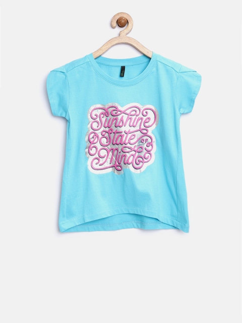 

United Colors of Benetton Girls Blue Printed Round Neck T-shirt