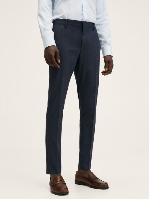 

MANGO MAN Navy Blue Checked Slim Fit Formal Trousers