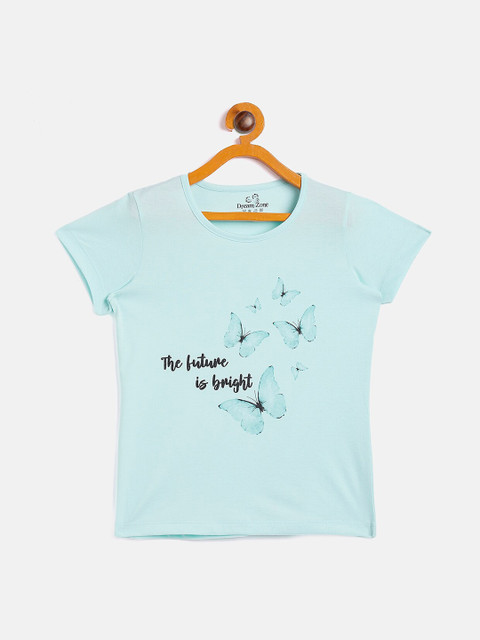 

DREAMZONE Girls Blue Typography Printed T-shirt
