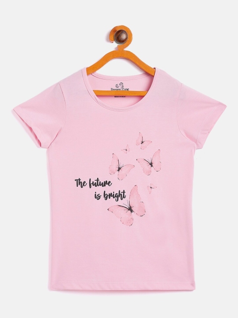 

DREAMZONE Girls Pink Typography Printed Applique T-shirt