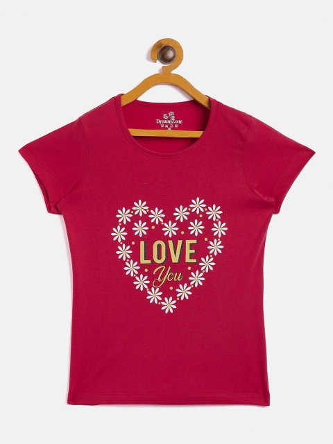 

DREAMZONE Girls Pink Typography Printed Applique T-shirt