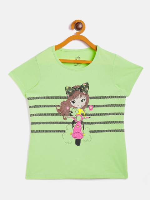 

DREAMZONE Girls Fluorescent Green Striped Applique T-shirt