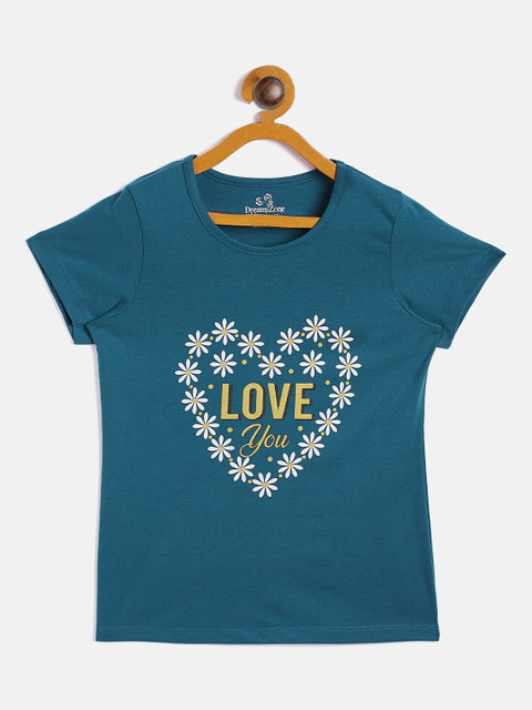 

DREAMZONE Girls Blue Typography Printed Applique T-shirt