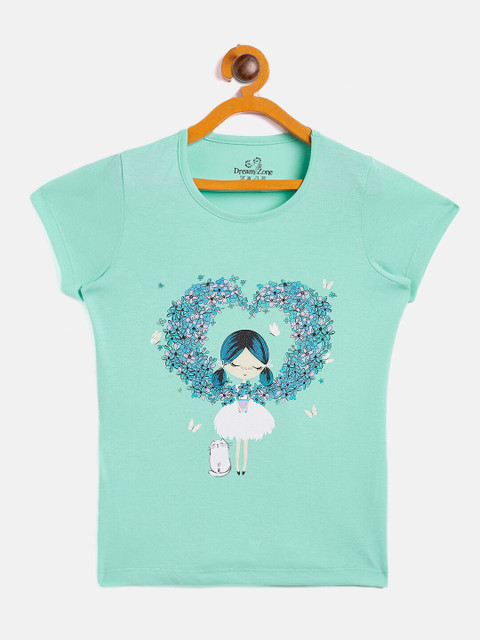 

DREAMZONE Girls Green Floral Printed Applique T-shirt