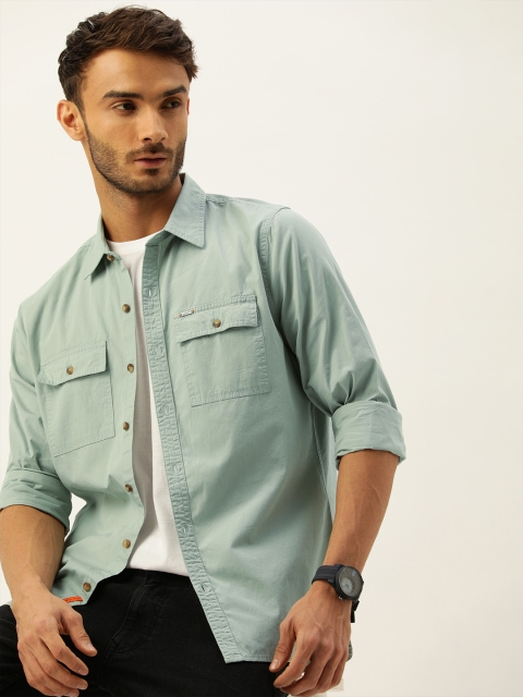 

SINGLE Men Green Solid Slim Fit Printed Pure Cotton Casual Shirt