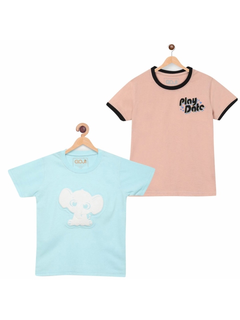 

GOJI Kids Set Of 2 Peach-Coloured & Blue Typography Printed T-shirt