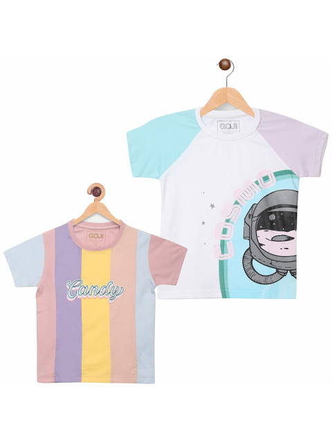 

GOJI Kids White Typography 2 Striped Applique T-shirt