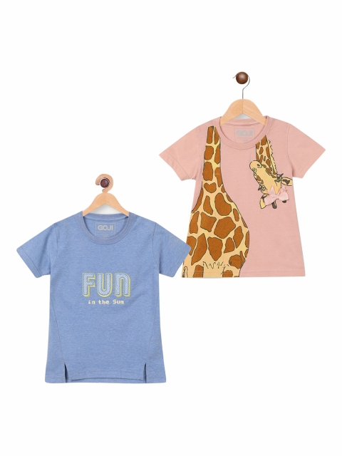 

GOJI Kids Set Of 2 Peach-Coloured & Blue Printed T-shirt