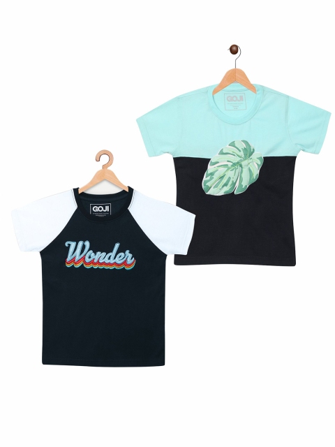 

GOJI Kids Navy Blue Floral 2 Colourblocked Applique T-shirt