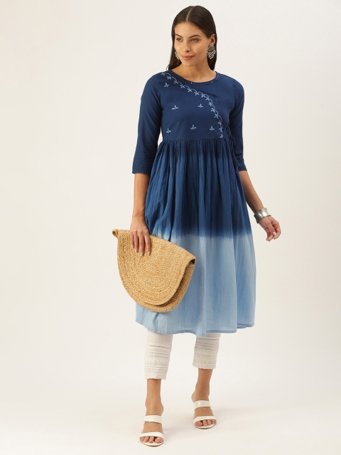 

RangDeep Women Blue Ombre Dyed Thread Work Detail Kurta