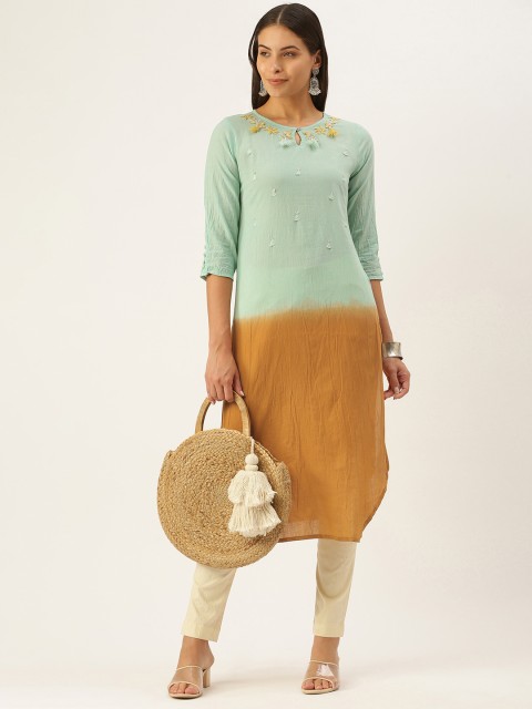 

RangDeep Women Sea Green & Mustard Yellow Pure Cotton Ombre Dyed Thread Work Detail Kurta