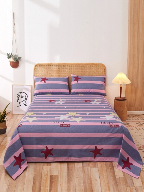 

JC Collection Pink & Navy Blue Striped 144 TC Single Bedsheet with Pillow Covers