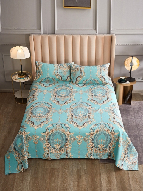 

JC Collection Turquoise Blue & Cream-Coloured Ethnic Motifs 144 TC King Bedsheet