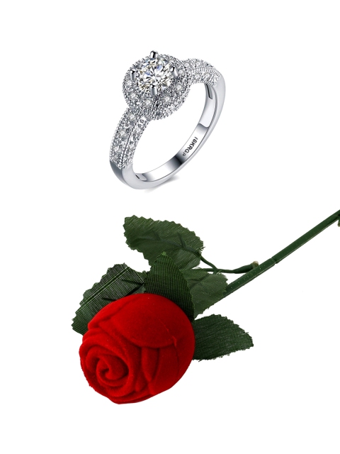 

Yellow Chimes Women Silver Pink Swarovski Crystals Ring in Velvet Rose Ring Box