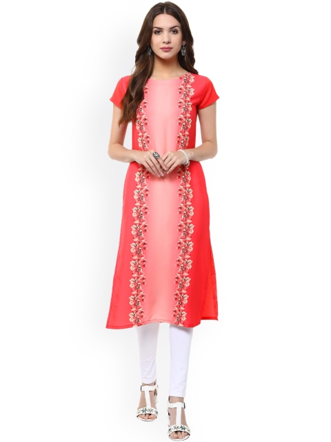 

Janasya Women Pink Printed Straight Kurta