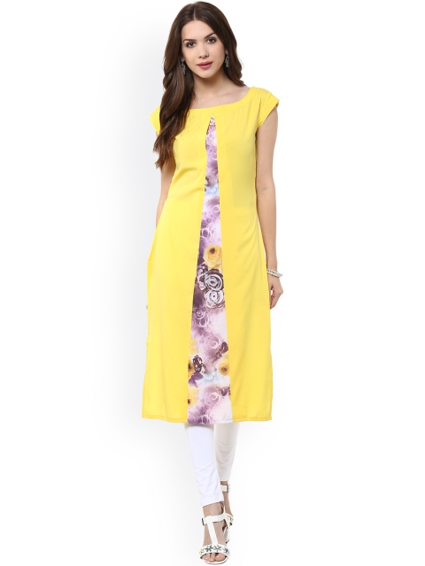 

Janasya Women Yellow Printed Straight Kurta