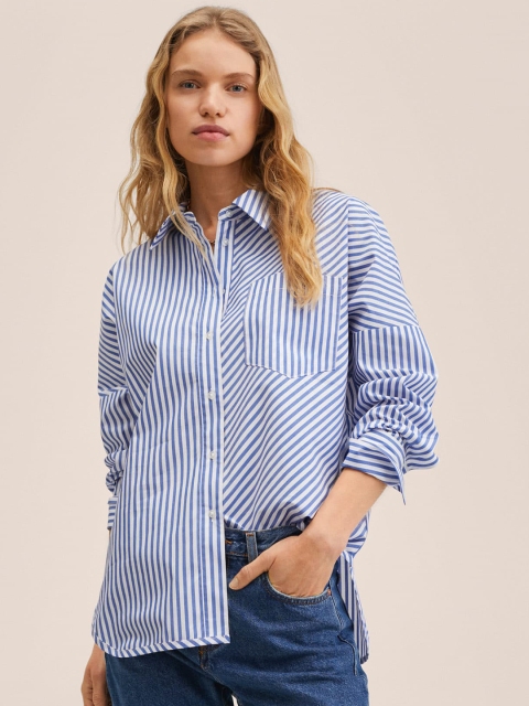 

MANGO Women Blue & White Pure Cotton Striped Oversize Shirt