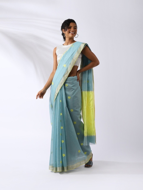 

Taneira Turquoise Blue & Lime Green Floral Silk Cotton Chanderi Saree