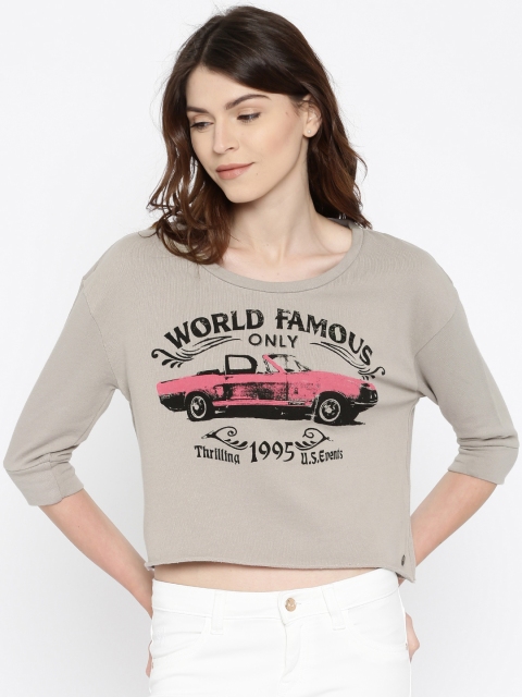 

ONLY Women Grey Printed Crop Pure Cotton Top
