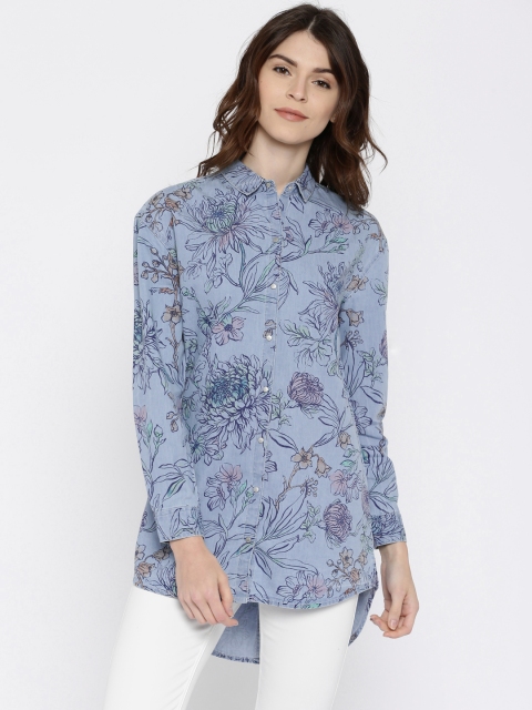 

ONLY Women Blue Denim Printed Longline Casual Shirt