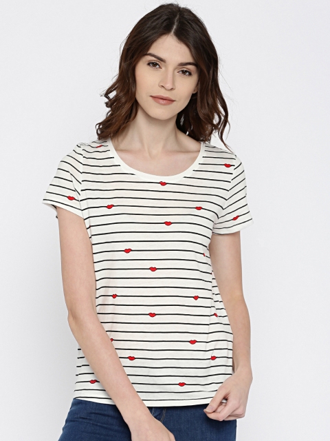 

ONLY Women White & Black Striped Round Neck T-Shirt
