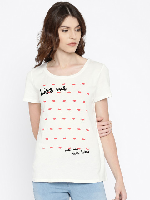 

ONLY Women White Printed Round Neck T-shirt
