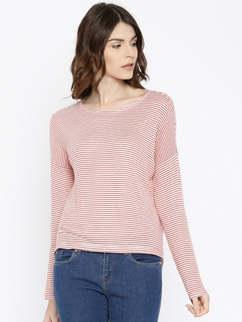 

ONLY Women White & Red Striped Round Neck T-Shirt