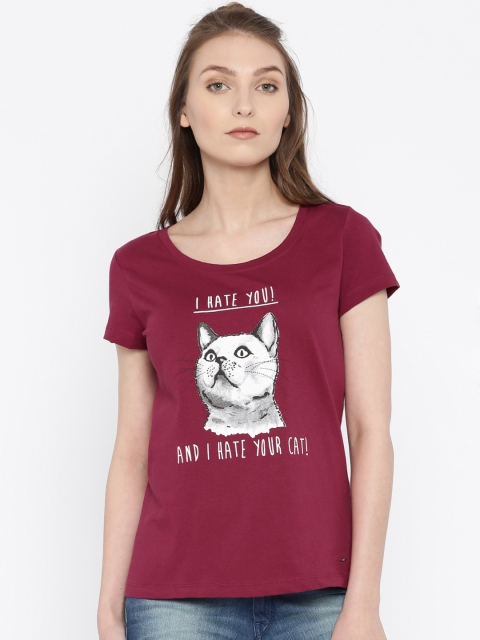 

ONLY Women Burgundy Printed Round Neck T-shirt