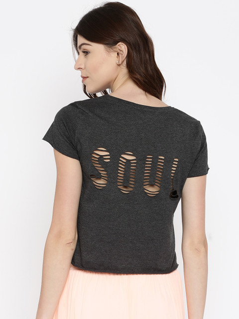 

ONLY Women Charcoal Grey Styled Back Round Neck Crop T-shirt