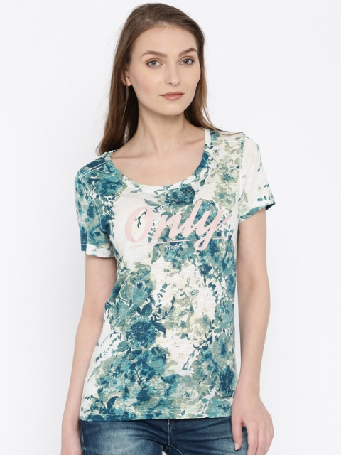 

ONLY Women White & Blue Printed T-shirt
