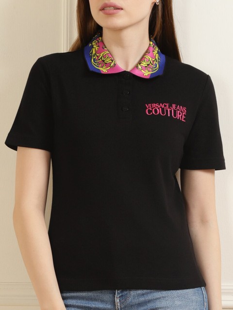 Versace Jeans Couture Women Black Typography Polo Collar Slim Fit T-shirt