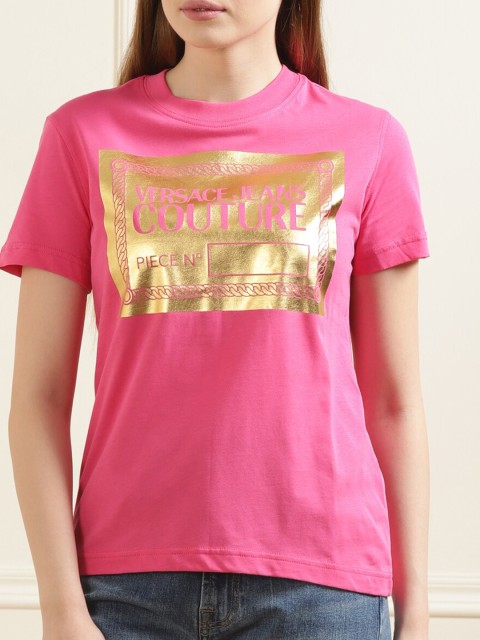 

Versace Jeans Couture Women Pink Typography Printed Slim Fit Cotton T-shirt