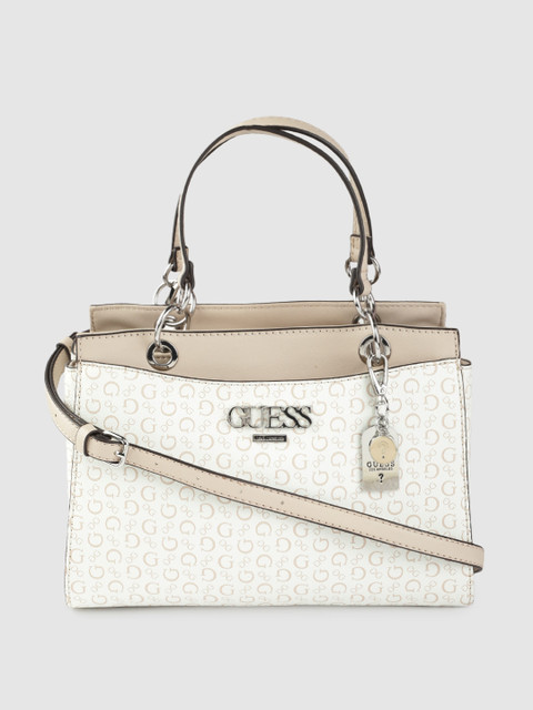 

GUESS Women White & Beige Brand Logo Print Structured Shoulder Bag