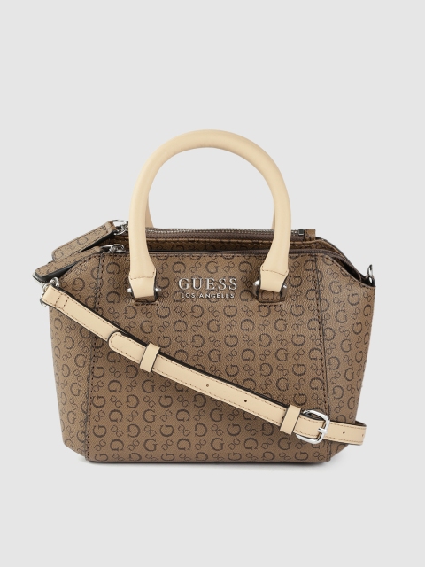 

GUESS Women Brown Brand Logo Print Structured Handheld Bag