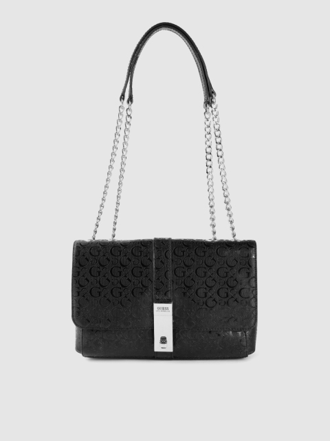 

GUESS Women Black Brand Logo Textured Structured Shoulder Bag