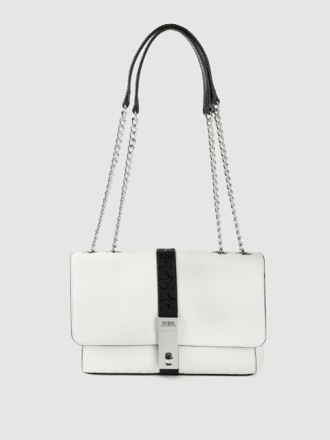 

GUESS Women White Brand Logo Textured Structured Shoulder Bag