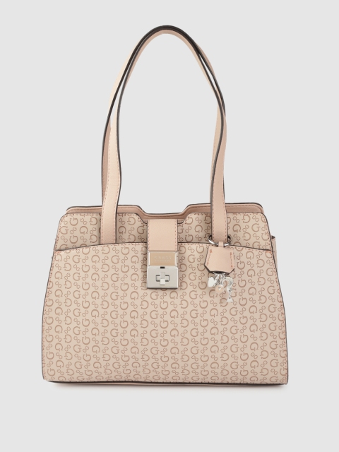 

GUESS Women Nude-Coloured Brand Logo Textured Structured Shoulder Bag