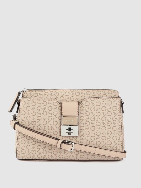 

GUESS Women Beige Brand Logo Textured Structured Sling Bag