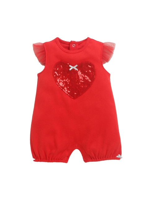 

Hopscotch Girls Red Embellished Heart Pure Cotton Rompers